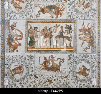 Bild eines römischen Mosaiken Design, die Szenen aus dem Leben des Dionysos, von der antiken römischen Stadt Thysdrus, Haus der Silen. Ende 2. bis e Stockfoto