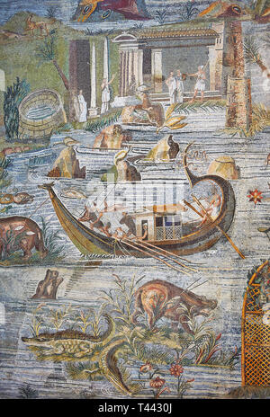 Detail Bild von einem Boot auf dem Nil aus dem berühmten hellenistischen Römischen Palestrina Nilotischen oder Nil Landschaft Mosaik Mosaik von Palestrina 1. oder 2. ce Stockfoto