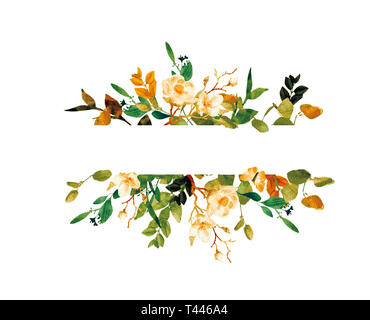 Handgemalten Aquarell blumen Kranz auf weißem Hintergrund. Kranz, Floral frame, Aquarell Blumen, Rosen, Pfingstrosen und Abbildung von Hand gemalt. Stockfoto
