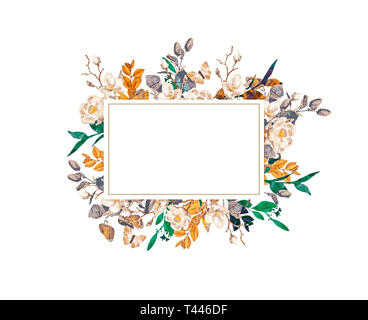 Handgemalten Aquarell blumen Kranz auf weißem Hintergrund. Kranz, Floral frame, Aquarell Blumen, Rosen, Pfingstrosen und Abbildung von Hand gemalt. Stockfoto