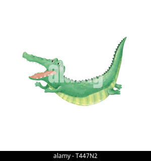 Krokodil digital clip art Niedliche Tier fliegen und Springen croc cute Zeichnung Charakter funny kid Stil auf weißem Hintergrund. Stockfoto