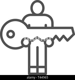 Menschliche halten große Schlüssel Symbol Leitung. Auf weissem Hintergrund Stock Vektor