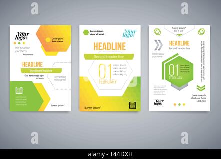 Satz von Business abstract vector Template. Flyer Design, moderne Vektor Layout, Poster im Format A4 mit bunten Sechsecken, geometrische Formen Stock Vektor