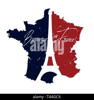 Poster Willkommen in Frankreich. Frankreich Karte in den Farben der Flagge bemalt mit der Silhouette des Eiffelturms. Stock Vektor