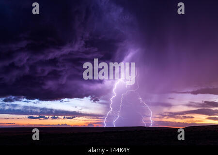 Eine dramatische Gewitterwolke mit Blitzeinschlag zieht bei Sonnenuntergang in der Nähe von Holbrook, Arizona, USA, durch die Wüste Stockfoto