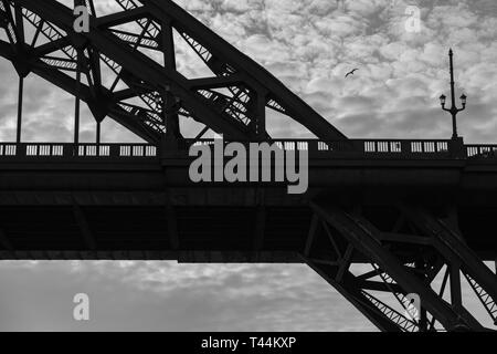 Silhouetten von einem Abschnitt der Tyne Bridge und einem fliegenden Möwe in Newcastle upon Tyne in Großbritannien Stockfoto