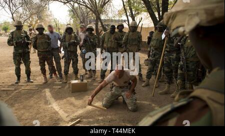 Belgischen Special Forces, Gesichter verschwommen, Nigrischen Soldaten beraten, während eine Klasse auf dem Boden Bewegung und Angriff auf ein Ziel, am Lager Po, Burkina Faso, am 13.02.20, 2019, während der musketen 19. Flintlock ist eine jährliche Special Operations und State Department Übung, an der mehr als 2.000 Soldaten, Flieger, Marine- und Polizeikräfte aus 30 nation Kräfte. Lehren aus Flintlock Stärkung der globalen Sicherheit fördern multinationale Institutionen, Austausch von Informationen und die Interoperabilität zwischen West- und Partnerstaaten in Nord- und Westafrika zu entwickeln. (Armee Stockfoto