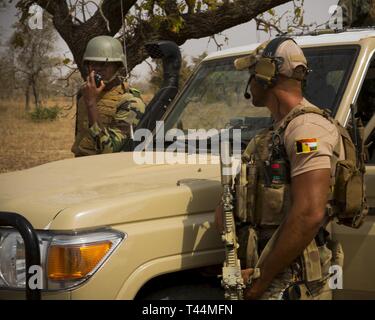 Eine belgische Special Operations Soldat (rechts), hört den Nigrischen Boden Commander geben radio Bestellungen, während einer Bewegung eine feindliche Command und Control Station anzugreifen, im Camp Po, Burkina Faso, am 13.02.20, 2019, während der musketen 19. Flintlock ist eine jährliche Special Operations und State Department Übung, an der mehr als 2.000 Soldaten, Flieger, Marine- und Polizeikräfte aus 30 nation Kräfte. Lehren aus Flintlock Stärkung der globalen Sicherheit fördern multinationale Institutionen, Austausch von Informationen und die Entwicklung der Interoperabilität zwischen westlichen und Partner Nationen in Nordamerika Stockfoto