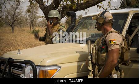 Eine belgische Special Operations Soldat (rechts), hört den Nigrischen Boden Commander geben radio Bestellungen, während einer Bewegung eine feindliche Command und Control Station anzugreifen, im Camp Po, Burkina Faso, am 13.02.20, 2019, während der musketen 19. Flintlock ist eine jährliche Special Operations und State Department Übung, an der mehr als 2.000 Soldaten, Flieger, Marine- und Polizeikräfte aus 30 nation Kräfte. Lehren aus Flintlock Stärkung der globalen Sicherheit fördern multinationale Institutionen, Austausch von Informationen und die Entwicklung der Interoperabilität zwischen westlichen und Partner Nationen in Nordamerika Stockfoto