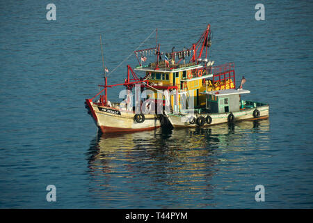 Bunte Fischerboote im Südchinesischen Meer, Kota Kinabalu, Sabah (Borneo), Malaysia Stockfoto