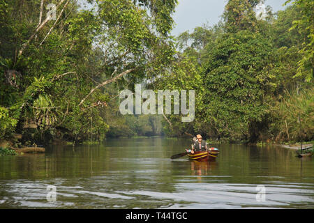 Boot auf Sungai Menungal Nebenfluss des Kinabatangan River (Sungai Kinabatangan) in der Nähe von Sukau, Sabah (Borneo), Malaysia Stockfoto