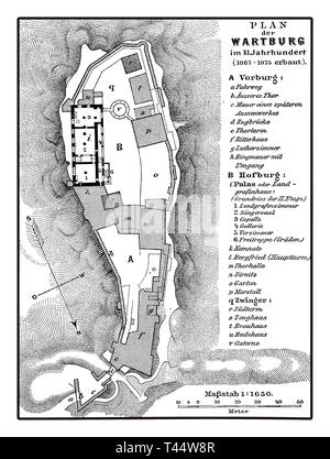 Karte von der Wartburg in Thüringen Deutschland gegründet Im XI Jahrhundert als territoriale Verteidigung in einen herausragenden Platz ein. Stockfoto