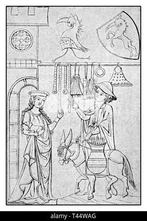 Alte Zeichnung bezieht, die den Ritter höfische Liebe in die Staufische Zeit, eine Dynastie von Deutschen Könige im Mittelalter Stockfoto