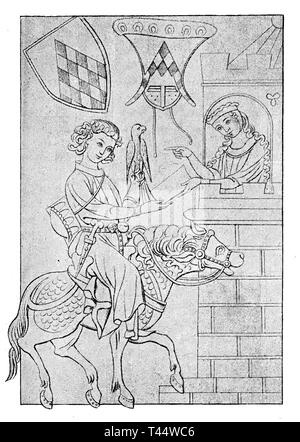 Alte Zeichnung bezieht, die den Ritter, und der höfischen Liebe das Leben in der Stauferzeit Zeiten, eine Dynastie von Deutschen Könige im Mittelalter Stockfoto