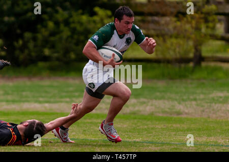 Southern Pines, North Carolina, USA. 13 Apr, 2019. April 13, 2019 - Southern Pines, N.C., USA -. Herren Rugby Aktion zwischen den Southern Pines' große Kegel'' und Atlanta 'abtrünnigen'' in der ersten Runde der Carolinas geographische Rugby Union D 2 Endspiele an Twin Felder Bauernhof. Southern Pines besiegt Atlanta, 29-19 und die Atlanta" alte weiße '' nächste Woche Spielen in Atlanta. Credit: Timothy L. Hale/ZUMA Draht/Alamy leben Nachrichten Stockfoto