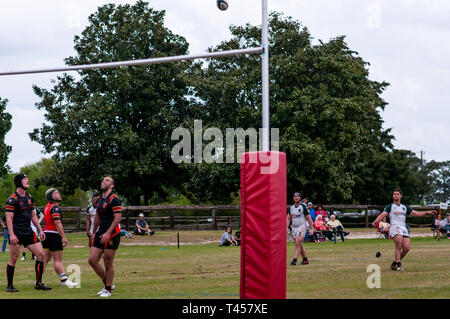 Southern Pines, North Carolina, USA. 13 Apr, 2019. April 13, 2019 - Southern Pines, N.C., USA -. Herren Rugby Aktion zwischen den Southern Pines' große Kegel'' und Atlanta 'abtrünnigen'' in der ersten Runde der Carolinas geographische Rugby Union D 2 Endspiele an Twin Felder Bauernhof. Southern Pines besiegt Atlanta, 29-19 und die Atlanta" alte weiße '' nächste Woche Spielen in Atlanta. Credit: Timothy L. Hale/ZUMA Draht/Alamy leben Nachrichten Stockfoto