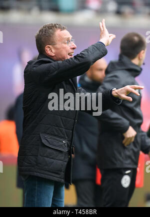 Leipzig, Deutschland. 13 Apr, 2019. Der Leipziger Trainer Ralf Rangnick reagiert während eines Deutschen Bundesligaspiel zwischen RB Leipzig und VfL Wolfsburg in Leipzig, Deutschland, am 13. April 2019. Leipzig gewann 2-0. (Xinhua / Kevin Voigt) Credit: Kevin Voigt/Xinhua/Alamy leben Nachrichten Stockfoto