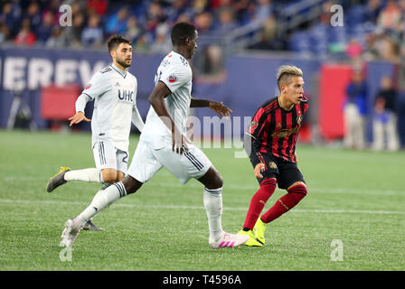 Gillette Stadium. 13 Apr, 2019. MA, USA; Atlanta Vereinigten Mittelfeldspieler Ezequiel Barco (8) in einem MLS-Match zwischen Atlanta United FC und New England Revolution am Gillette Stadium. Anthony Nesmith/CSM/Alamy leben Nachrichten Stockfoto