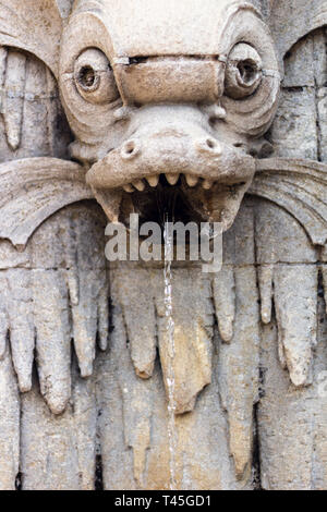 Ein Drache - Fisch Wasserspeier trinkschnäbel Wasser aus dem Mund auf dem Biltmore Estate in Asheville, NC, USA Stockfoto