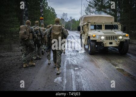 Marines mit Hauptsitz Batterie, 14 Marine Regiment, 4 Marine Division Wanderung in Richtung der Adazi Training Area in Lettland, Feb 27, 2019. Rund 3.200 Teilnehmer aus 27 Nationen werden an der live-fire Teil der Übung Dynamische Front 19, March 2-9, 2019, in der US-Armee Grafenwöhr Training Area, in Deutschland sowie in Riga, Lettland; und Torun, Polen. Stockfoto