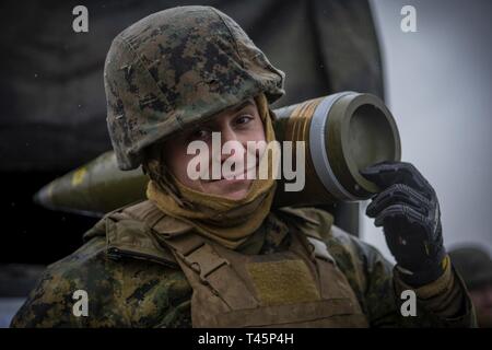 Us Marine Corps Cpl. John R. Garbo, ein cannoneer mit Hotel, 3. Batterie Bataillon, 14 Marine Regiment, 4 Marine Division, trägt ein M795 155 mm Projektil über seine Schulter zu Adazi, Lettland, 5. März 2019, zur Unterstützung der Übung Dynamische Front 19. Übung Dynamische Front 19 umfasst ca. 3.200 Mitglieder aus 27 Nationen, die zu beobachten sind oder die Teilnahme von grafenwöhr Training Area, Deutschland; Riga, Lettland; und Torun, Polen; im März 2-9, 2019. Dynamische Vordere ist eine jährliche US-Army Europe Übung konzentriert sich auf die Bereitschaft und die Interoperabilität der US-Armee, Stockfoto