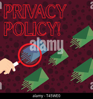 Handschrift Text schreiben Datenschutzerklärung. Konzeptionelle foto Erklärung oder rechtlichen Dokumente, offenbart Möglichkeiten Partei sammelt Lupe auf einem Abweichen Stockfoto