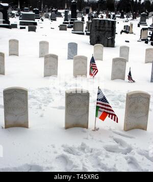 Amerikanischen und irischen Fahnen kennzeichnen die Gräber der Bürgerkrieg Veteranen, die in die irische Brigade auf die Soldaten in Albany ländlichen Friedhof am 10. März 2019 serviert. Veteranen des ersten Bataillons 69th Infanterie der New Yorker Nationalgarde, die in Albany, New York, live-Bereich die Gräber der Iren - amerikanische Bürgerkrieg Soldaten in Albanien der ländlichen Friedhof und St. Agnes katholischen Friedhof markiert die Verbindung zwischen der Service und die 69th Infanterie, das war in der Vergangenheit ein Iren - amerikanische Einheit und ein Teil der Irish Brigade während des Krieges zu bestätigen. (U.S. Army National Guard Stockfoto