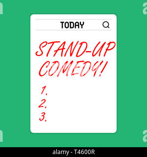 Handschrift Text Stand Up Comedy. Konzeptionelle foto Comic Stil, in dem der Komiker führt vor live publikum Suche Bar mit Lupe ph Stockfoto