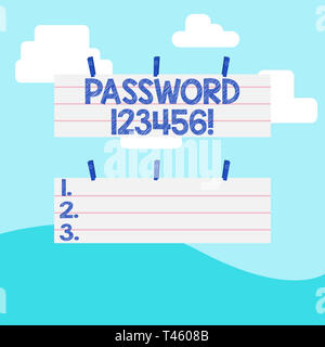 Handschrift Text schreiben Kennwort 123456. Konzeptionelle Foto geheime Phrase muss Zugang zwei Farbe leeren Streifen Größe liniertem Papier zu platzieren verwendet Stockfoto