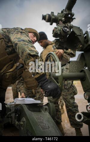 Marines mit Hotel, 3. Batterie Bataillon, 14 Marine Regiment, 4 Marine Division für die Durchführung von Inspektionen auf einem M777 Haubitze zur Unterstützung der Übung Dynamische Front 19 an Adazi Training Area, Lettland, Jan. 27, 2019. Rund 3.200 Teilnehmer aus 27 Nationen werden an der live-fire Teil der Übung Dynamische Front 19, March 2-9, 2019, in der US-Armee Grafenwöhr Training Area, in Deutschland sowie in Riga, Lettland; und Torun, Polen. Stockfoto