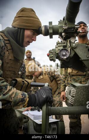 Marines mit Hotel, 3. Batterie Bataillon, 14 Marine Regiment, 4 Marine Division für die Durchführung von Inspektionen auf einem M777 Haubitze zur Unterstützung der Übung Dynamische Front 19 an Adazi Training Area, Lettland, Jan. 27, 2019. Rund 3.200 Teilnehmer aus 27 Nationen werden an der live-fire Teil der Übung Dynamische Front 19, March 2-9, 2019, in der US-Armee Grafenwöhr Training Area, in Deutschland sowie in Riga, Lettland; und Torun, Polen. Stockfoto