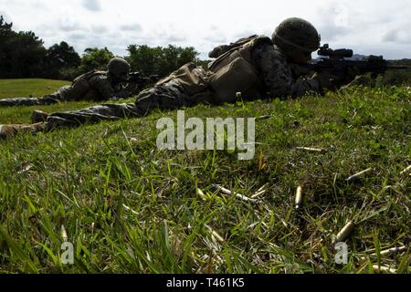 Lance Cpl. Brandon Hagar, ein rifleman mit Charlie Company, Bataillon Landung Team, 1.BATAILLON, 4 Marines, hält die Sicherheit während Platoon Angriff Training im Camp Schwab, Okinawa, Japan, 28.02.2019. Hagar, ein Eingeborener von Turlock, Kalifornien, graduiert von Pitman High School im Juni 2017, bevor er im Juni des gleichen Jahres. Während der Ausbildung, Marines mit Charlie Company verfeinert Ihre Fähigkeit" zu finden, in der Nähe mit und den Feind zu vernichten durch Feuer und Manöver oder Angriff die gegnerische Abwehr von Brand- und Nahkampf, "die Mission des Marine Corps rifle Squad. Charlie Company Marines sind t Stockfoto