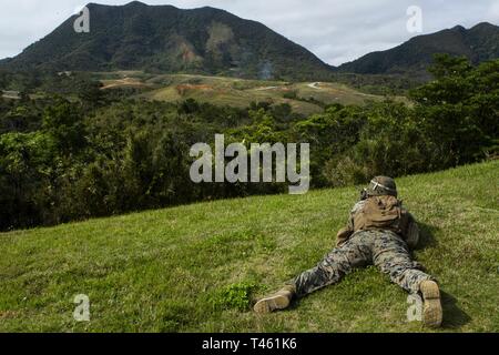 Lance Cpl. Daniel Penaloza, ein rifleman mit Charlie Company, Bataillon Landung Team, 1.BATAILLON, 4 Marines, hält die Sicherheit während Platoon Angriff Training im Camp Schwab, Okinawa, Japan, 28.02.2019. Penaloza, ein Eingeborener von Madera, Kalifornien, graduiert von Madera South High School im Jahr 2016, bevor er im Januar 2017. Während der Ausbildung, Marines mit Charlie Company verfeinert Ihre Fähigkeit" zu finden, in der Nähe mit und den Feind zu vernichten durch Feuer und Manöver oder Angriff die gegnerische Abwehr von Brand- und Nahkampf, "die Mission des Marine Corps rifle Squad. Charlie Company Marines sind. Stockfoto