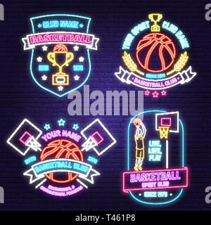 Satz von Basketball Club neon Design oder Emblem. Vektor. Grafik Design für t-shirt, T-Stück, Drucken oder Bekleidung. Vintage Typografie Design mit Basketballkorb und Ball Silhouette. Nacht neon Schild Stock Vektor
