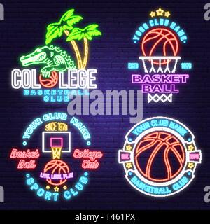 Satz von Basketball Club neon Design oder Emblem. Vektor. Grafik Design für t-shirt, T-Stück, Drucken oder Bekleidung. Vintage Typografie Design mit Basketballkorb und Ball Silhouette. Nacht neon Schild Stock Vektor