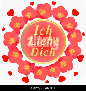 Hintergrund mit rosa Blüten. Ich liebe dich in deutscher Sprache. Karte für Feierlichkeiten. Hellen Hintergrund mit Blumen. Stockfoto