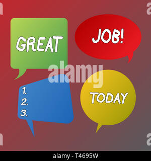 Handschrift text tolle Arbeit. Konzeptionelle Foto benutzt jemand Lob für etwas, das Sie gut Leere Sprechblase Aufkleber in verschiedenen Formen geleistet haben eine Stockfoto
