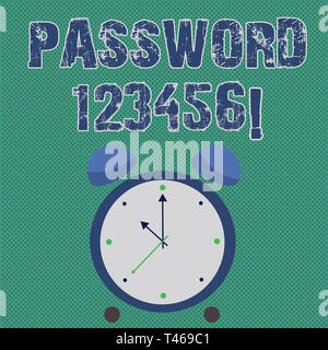 Handschrift Text schreiben Kennwort 123456. Konzeptionelle Foto geheime Phrase muss Zugang bunte runde Analog zwei Bell Alarm D platzieren verwendet Stockfoto