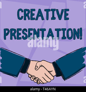 Handschrift text kreative Präsentation. Konzeptionelle foto Prozess der Präsentation ein Thema für ein Publikum Geschäftsleute schütteln Hände fest als Geste Form Stockfoto