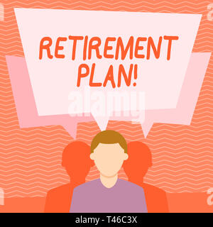 Text Zeichen zeigen den Ruhestand planen. Business Foto text Einkommen Ziele Maßnahmen und Entscheidungen, die notwendig sind, um Ziele Gesichtslosen Mann hat zwei Schatten jedes ha Stockfoto