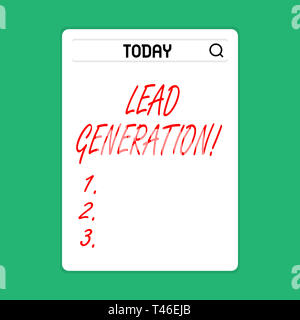 Handschrift text Lead Generation. Konzeptionelle foto Prozess identifizieren und das Kultivieren von potenziellen Kunden suchen Bar mit Lupe Foto Stockfoto