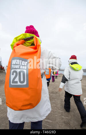 Chinesische Touristen mit einem wasserdichten Beutel nach der Landung am Flughafen Rodolfo Teniente Marsh Martin auf King George Island, für eine polar Cruise. Stockfoto