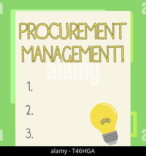 Handschrift Text schreiben Beschaffungsmanagement. Konzeptionelle foto Beschaffung von Produkten und Dienstleistungen von externen Unternehmen Glühbirne mit Fila Stockfoto