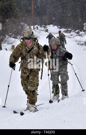 Bei kaltem Wetter Führer Kurs 19-004 Studenten ski entlang Hippie Trail nach dem Feuern Teil des 10 Kilometer langen Biathlon am Schwarzen Rapids Training Website März 12 der Nördlichen Warfare Training Center, 2019. Das kalte Wetter Führer Kurs schult Kader- und platoon-Führer in die Kenntnisse und Fähigkeiten, die zur erfolgreichen kleinen unit operations in einer kalten, verschneiten Umgebung durchführen. Schwerpunkt liegt dabei auf den Auswirkungen der Kälte auf Personal und Material, die Nutzung von grundlegenden kaltem Wetter Kleidung und Ausrüstung, winter Bereich Handwerk, Schneeschuh und Ski Techniken und Winter oder kalten Regionen navigati Stockfoto