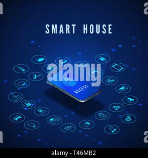 Smart House Banner. Smartphone mit Fingerabdruck auf dem Bildschirm und Symbole festlegen. Smart Home Monitoring- und Kontrollsysteme. Vector Illustration Stock Vektor