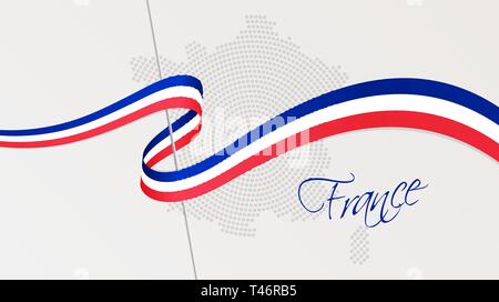 Vector Illustration der abstrakten radial gepunktete Rasterung Karte von Frankreich und gewellten Band mit Französischen nationalflagge Farben für Ihr Design Stock Vektor