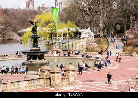 Bethesda Plaza, Engel der Wasser Brunnen in Springtine, NYC Stockfoto