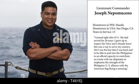 Lieutenant Commander Joseph Nepomuceno Heimatstadt in PHI: Manila Heimatstadt in USA: San Diego, CA 13 Jahre im Service: "Ich bin direkt nach 9/11 beigetreten. Mein Vater diente 20 Jahre lang. Ich wuchs der Marine zu respektieren und ich wusste schon, das war eine Möglichkeit, mein Land zu dienen. 2013 war das letzte Mal, dass ich zurück war und in der Lage zu sein, in den Philippinen, die in amtlicher Eigenschaft als Team mit meinem shipmates die Stärke der Philippine-U zu betonen Leisten ziehen S. Bündnis mit der amerikanischen Flagge ist erstaunlich." Stockfoto