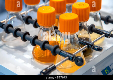 Detailansicht der Röhrchen mit Proben shaker Ausrüstung in Pharma- oder chemischen Produktionsbetrieb oder Industrie Stockfoto