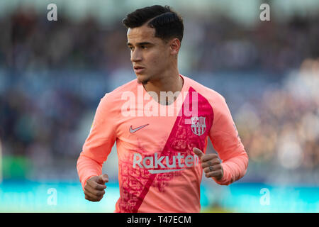 Huesca, Spanien. 13 Apr, 2019. Coutinho des FC Barcelona (8) Während der Spanischen Liga Fußballspiel zwischen SD Huesca und FC Barcelona im El Alcoraz Stadion in Huesca am 13. April 2019. Das Match endete mit einem Unentschieden 0-0. Credit: Daniel Marzo/Pacific Press/Alamy leben Nachrichten Stockfoto